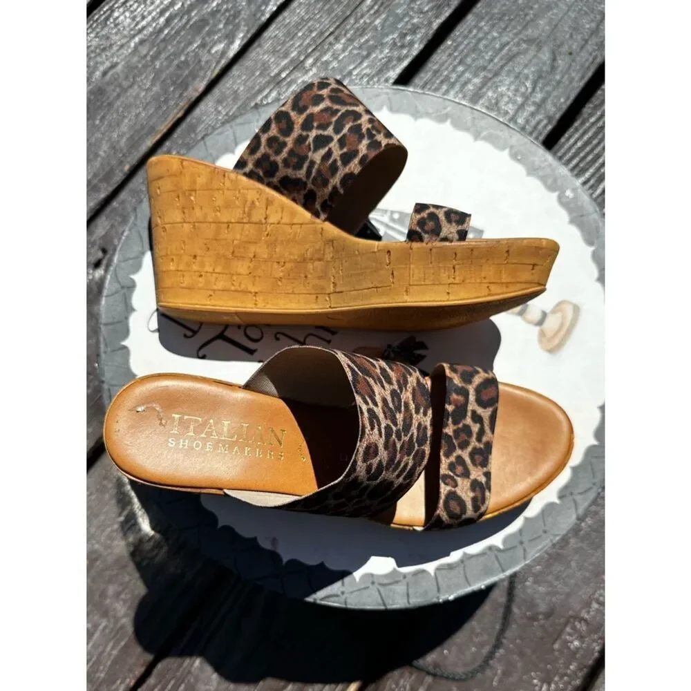 Italian Shoemakers Leopard-Print Cork Wedge Slides